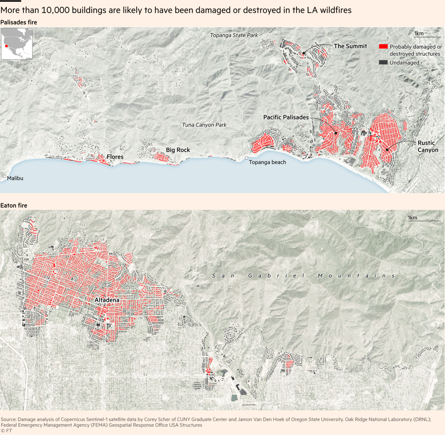 [OC] Maps showing likely damaged structures from LA fires