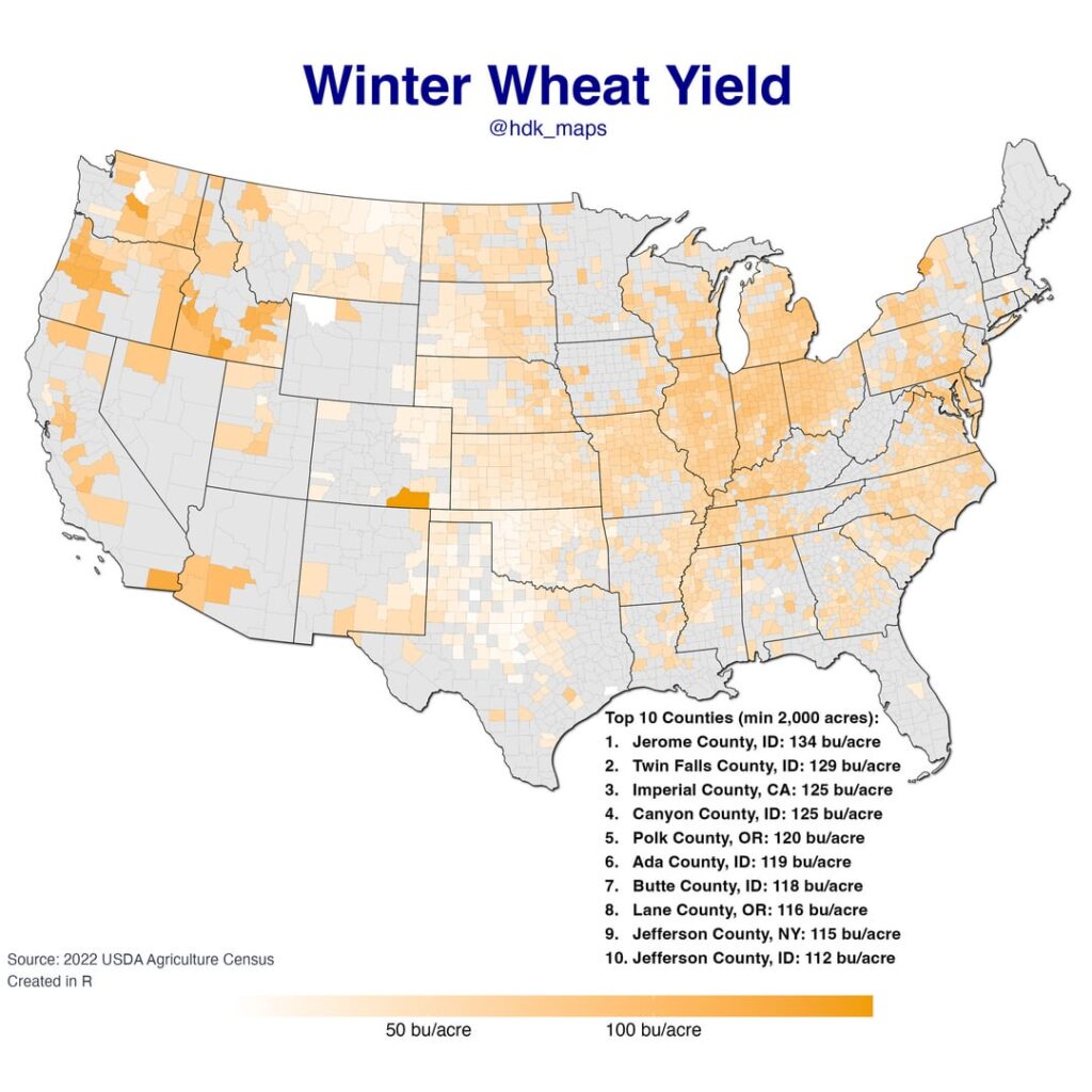 [OC] Maps of Yield for the Winter and Spring Wheat Crops in the US