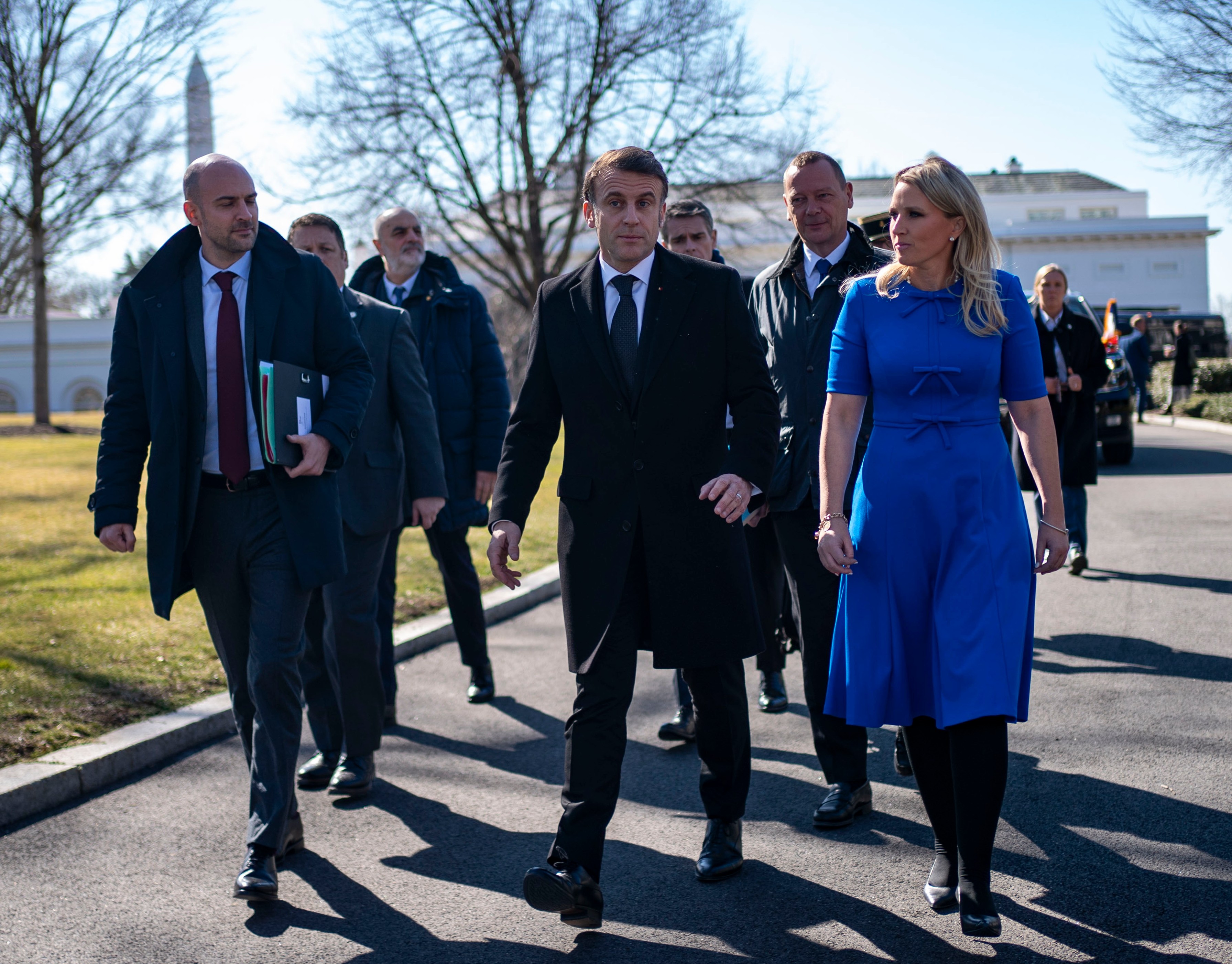 President Macron leaves the White House after the G7 call with President Trump, Sir Keir Starmer and others