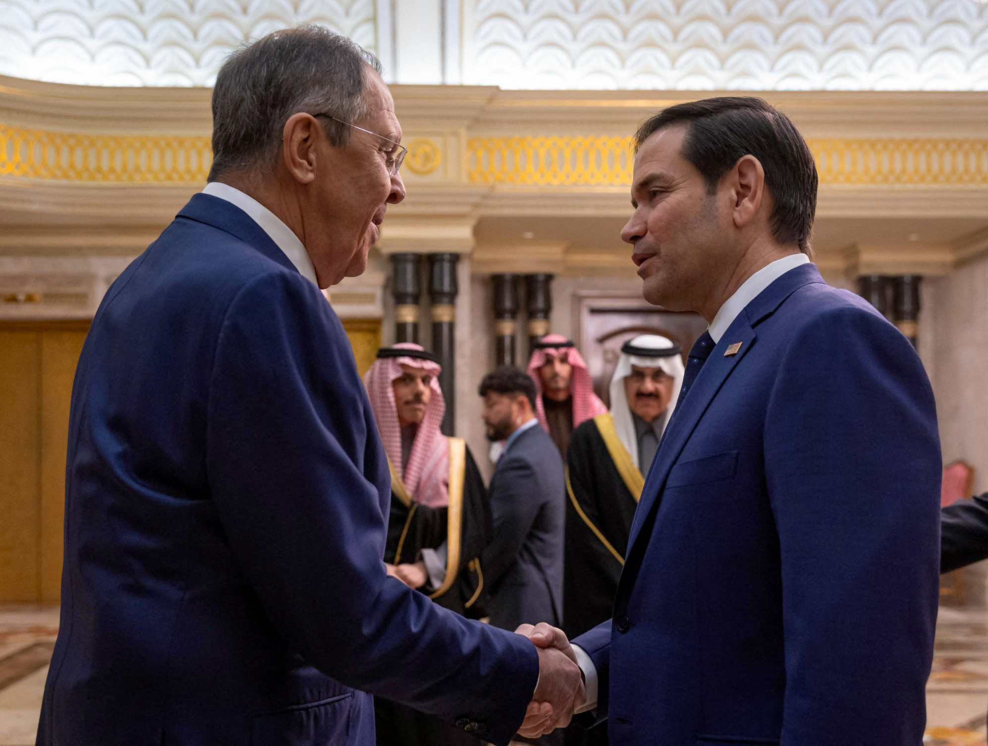 US Secretary of State Marco Rubio shaking hands with Russian Foreign Minister Sergei Lavrov.