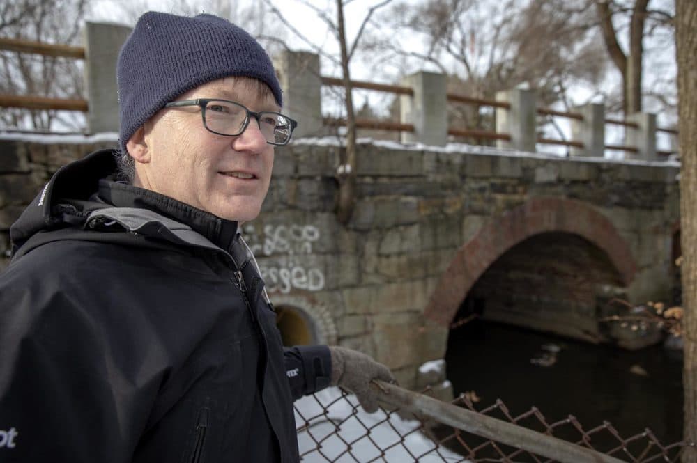 Patrick Herron, Executive Director of Mystic River Watershed Association (MyRWA), at Cambridge's wet weather sewage discharge outfall CAM 002 on Alewife Brook. (Robin Lubbock/WBUR)