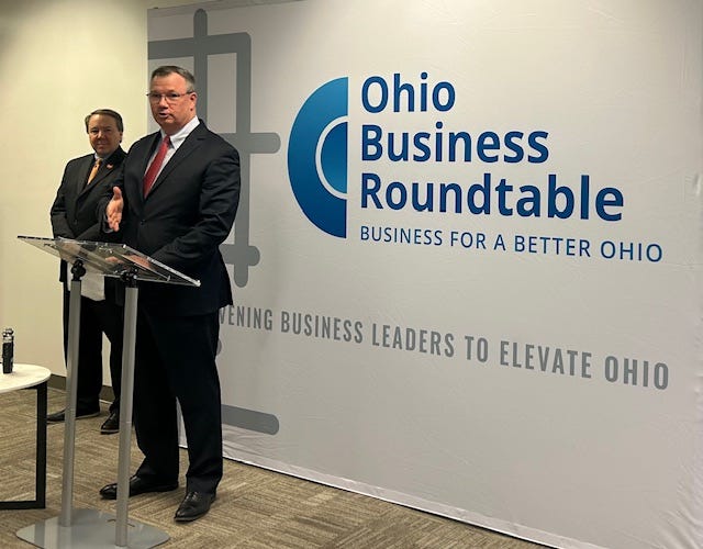 Kenny McDonald, CEO of One Columbus, talks Wednesday, Feb. 5, 2025, about Ohio's rising energy needs at the Ohio Business Roundtable on Wednesday. Ohio may face an energy shortfall by 2027 if nothing is done to bolster the state's electric grid and resources, according to a report issued Wednesday.