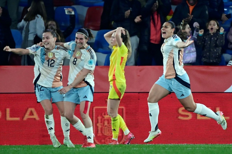 Match winner: Cristina Martin-Prieto celebrates scoring Spain