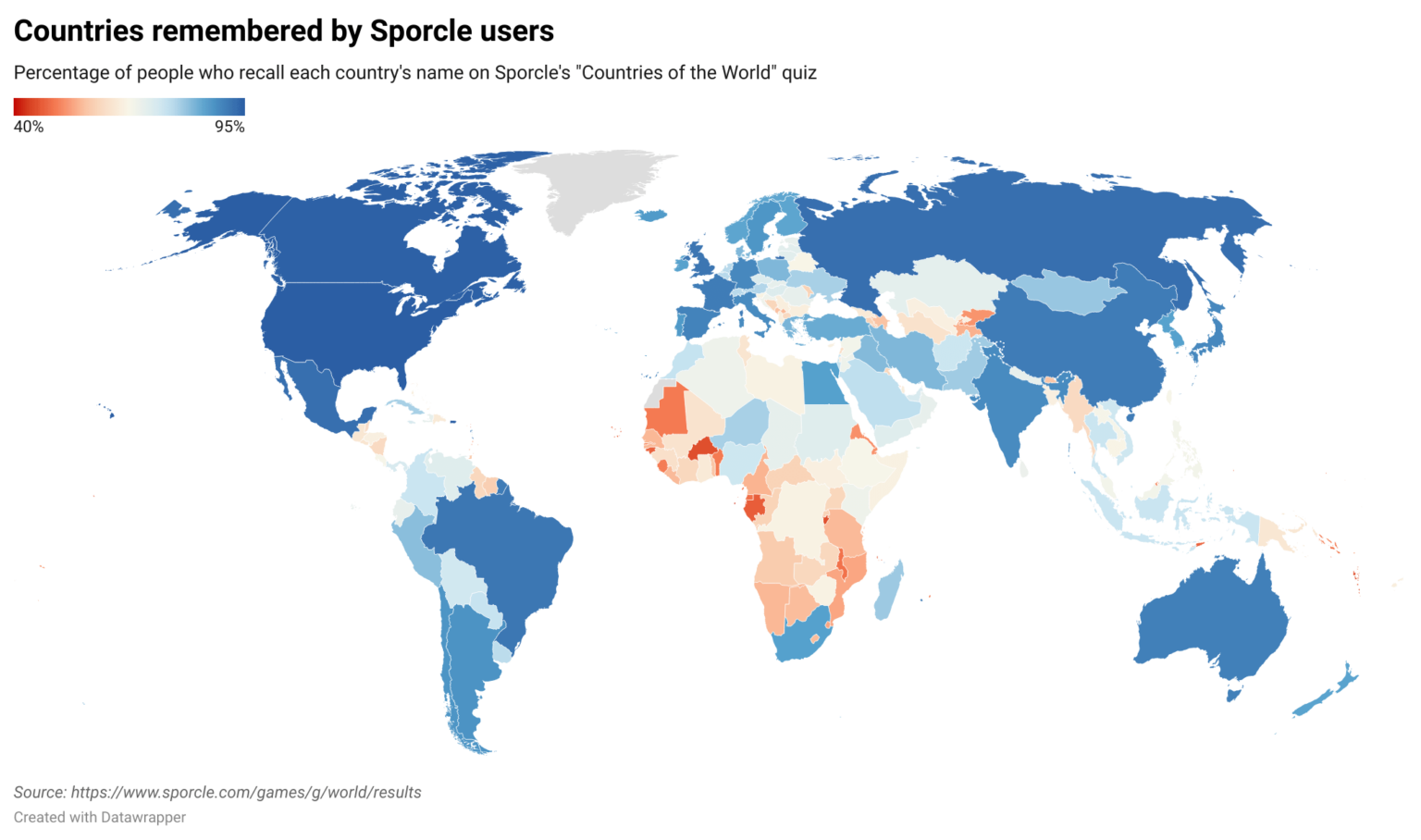[OC] Countries remembered by Sporcle users