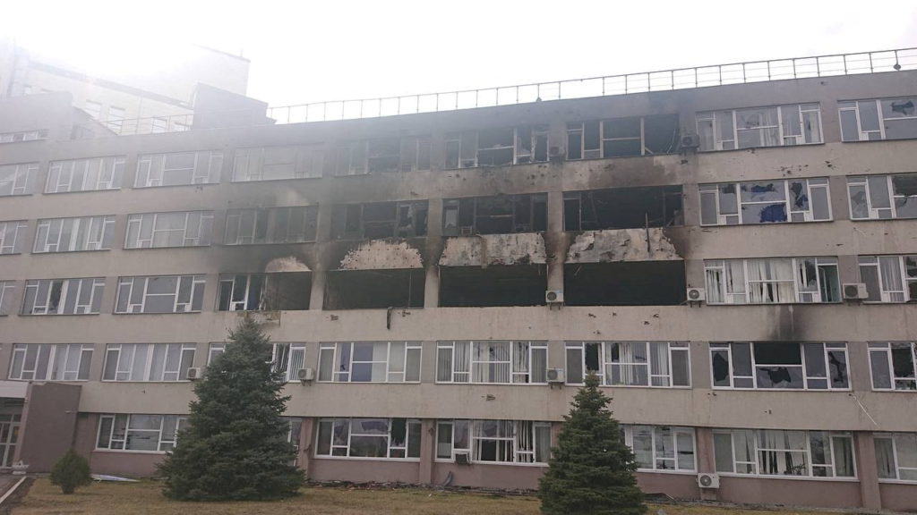 A view shows a damaged building at the Zaporizhzhia Nuclear Power Plant compound, amid Russia's invasion of Ukraine, in En...