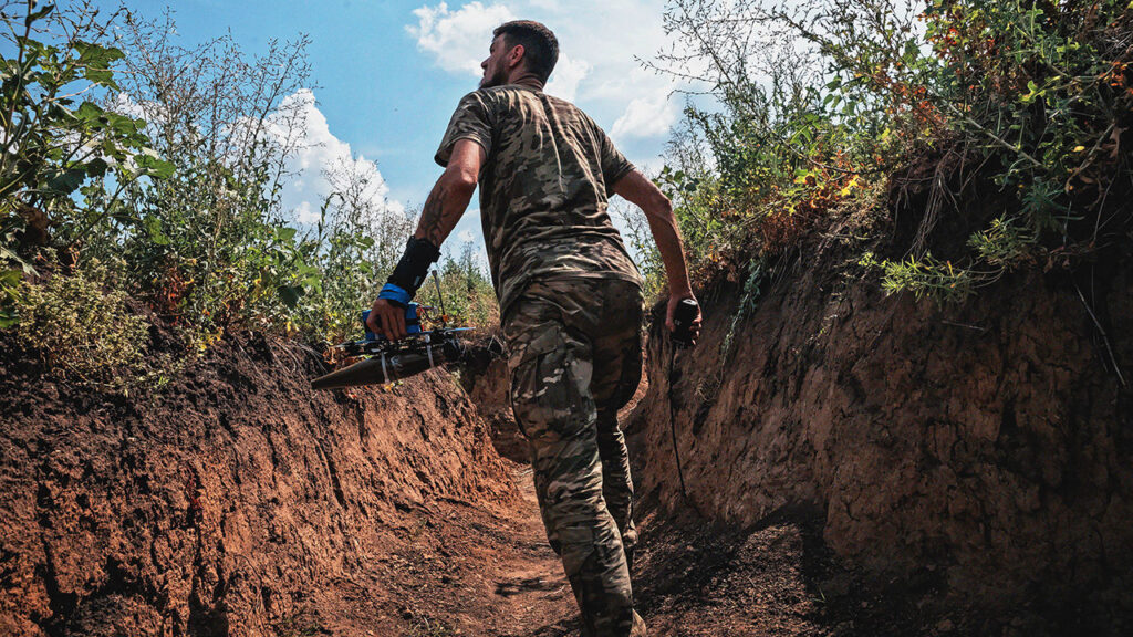 Fighting the war in Ukraine on the electromagnetic spectrum A member of a drone operations team, keeps a careful eye out for enemy drones