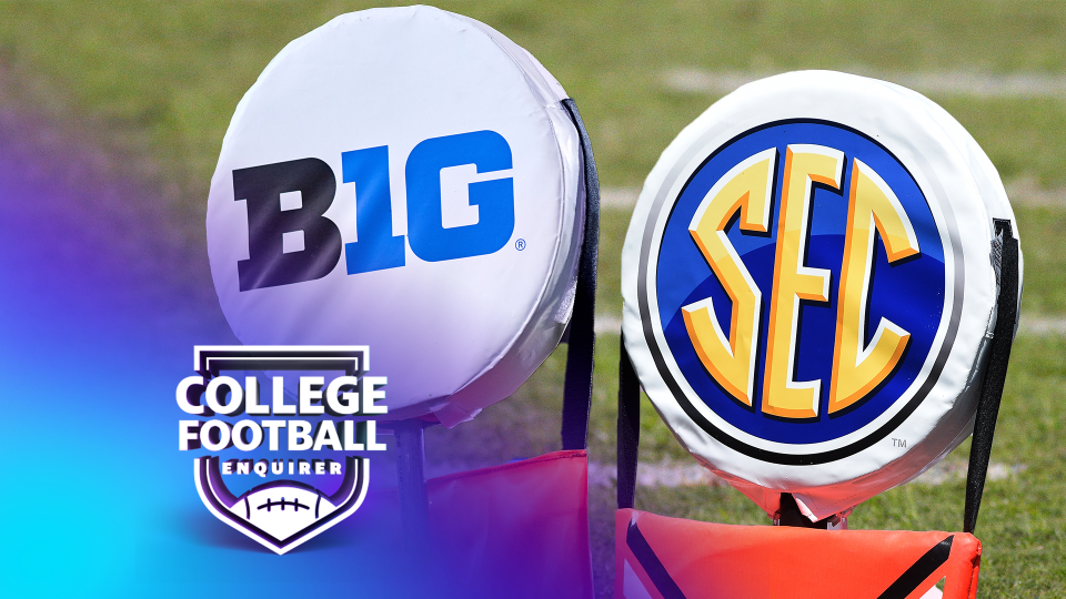 SEC & Big 10 logos appear on first down markers during the 2024 College Football Playoff. (Photo by Todd Kirkland/Getty Images)