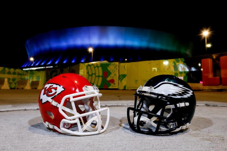 A view of the helmets of the Kansas City Chiefs and the Philadelphia Eagles in front of the Caesars Superdome prior to Super Bowl LIX on February 5, 2025 in New Orleans, Louisiana. / Credit: Don Juan Moore/Getty Images