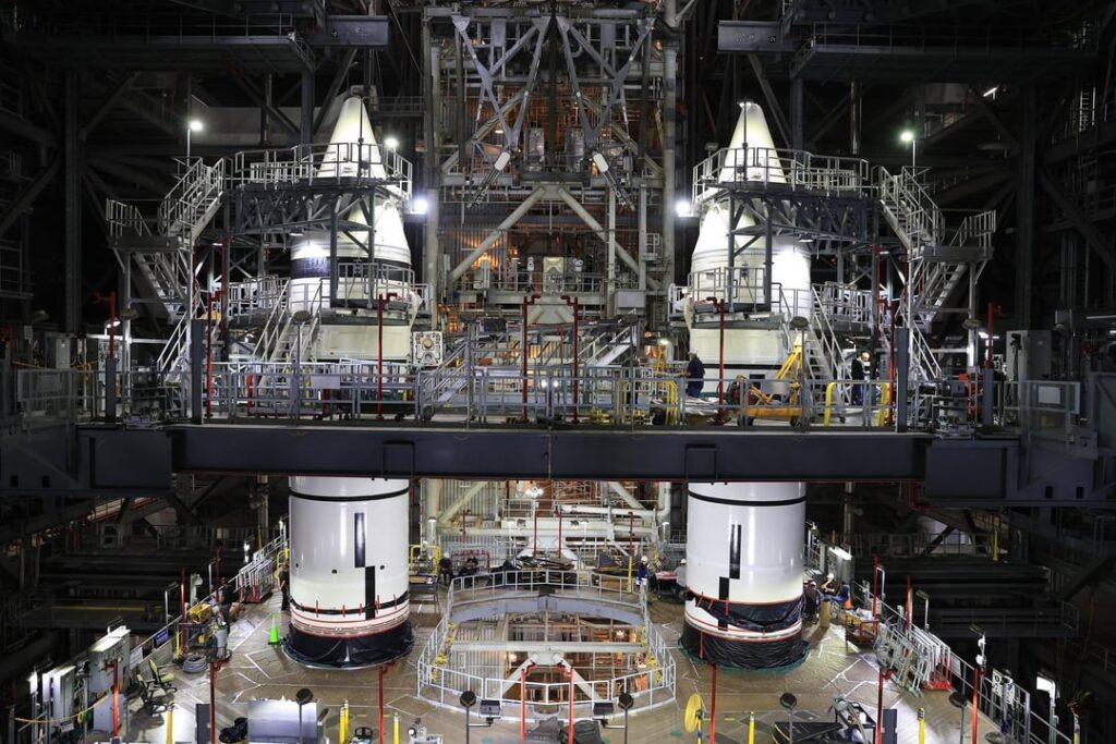 Artemis II Space Launch System booster stacking is complete. The next addition is the core stage🚀