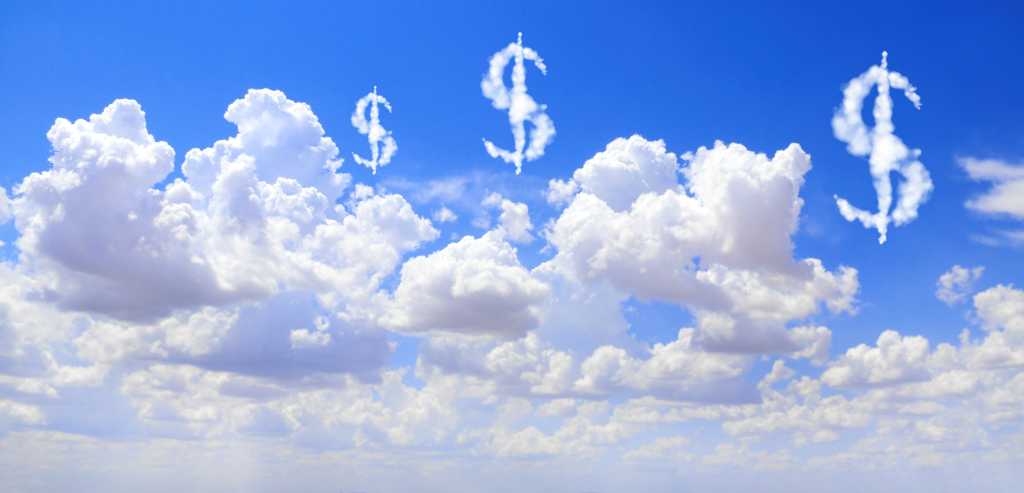 Cisco financials catch AI demand, enterprise networking growth Cloud costs. US dollar signs floating above clouds in the sky.