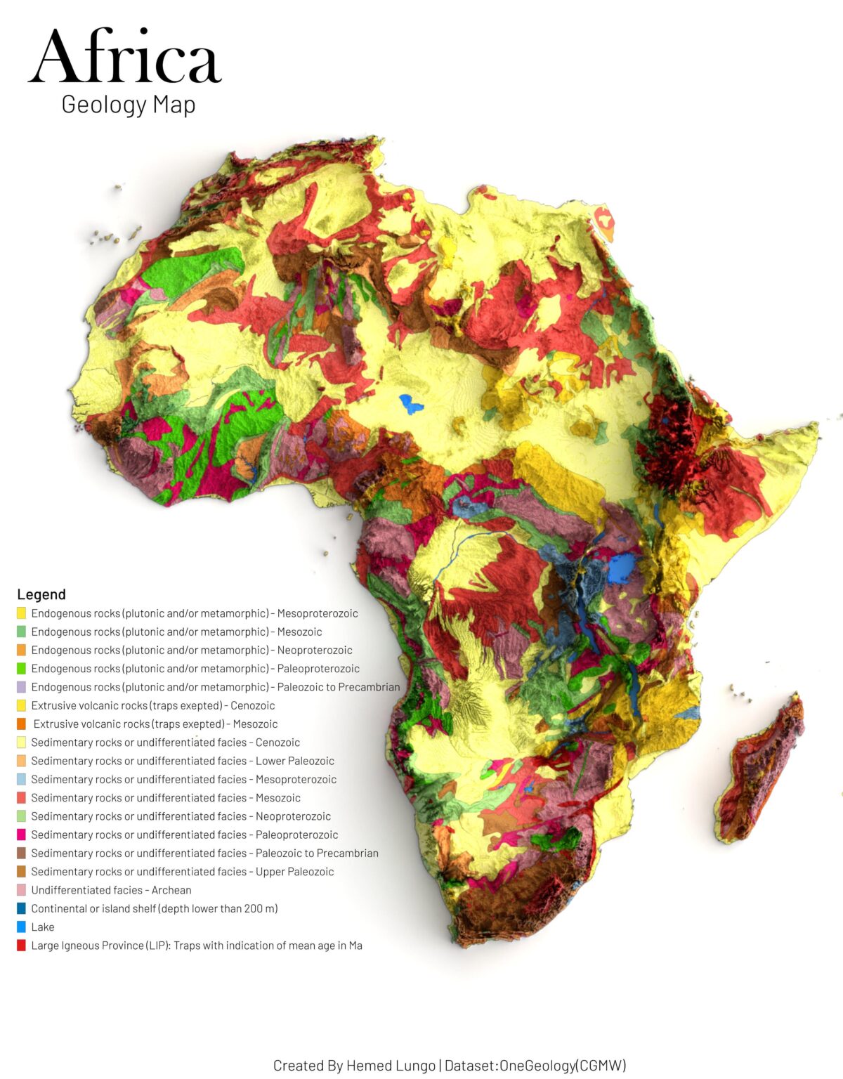 [OC] Map showing Africa Geology made using Qgis and Blender