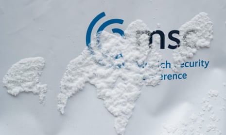 Snow-covered logo of Munich Security Conference in Munich, Germany, which concluded on Sunday.