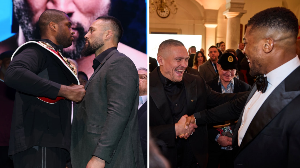 Split image of Daniel Dubois and Joseph Parker facing off beside Oleksandr Usyk laughing as he shakes Anthony Joshua's hand