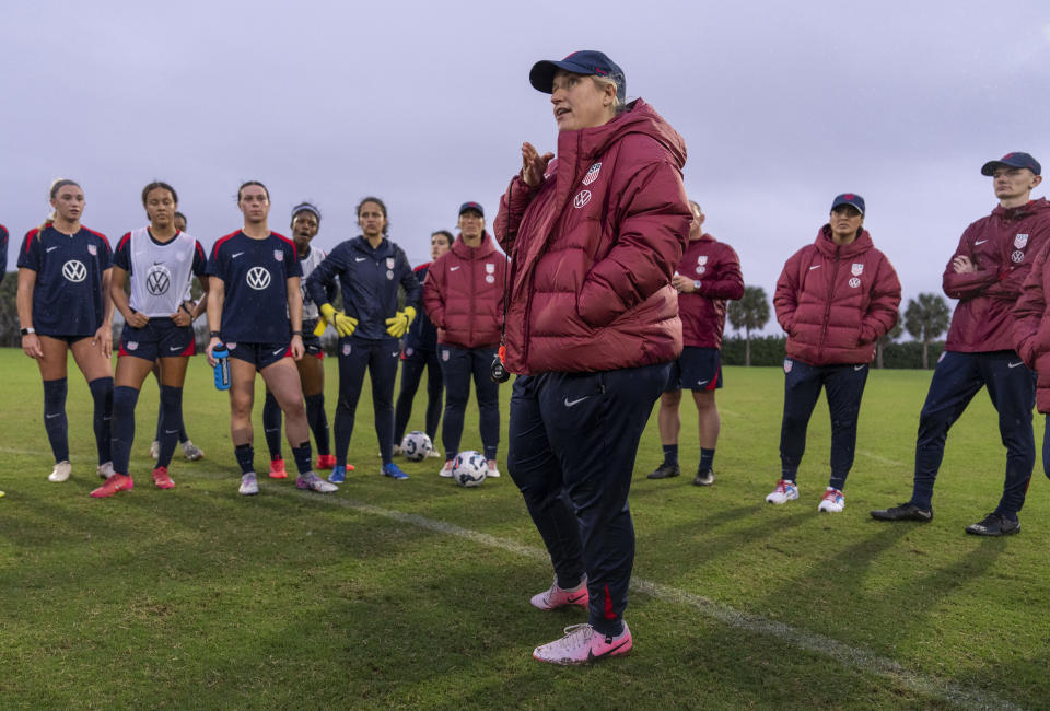 FORT LAUDERDALE, FL - JANUARY 20: Emma Hayes of the United States talks to the team during USWNT training at Florida Blue Training Center on January 20, 2025 in Fort Lauderdale, Florida. (Photo by Brad Smith/ISI Photos/USSF/Getty Images for USSF)