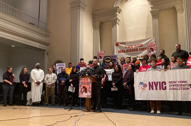 Immigrant rights advocates, faith leaders and labor union representatives gathered in New York in opposition of the Trump administration's decision to reverse a ban on immigration enforcement in sensitive areas, such as hospitals or schools on Thursday, Feb. 6, 2025.
