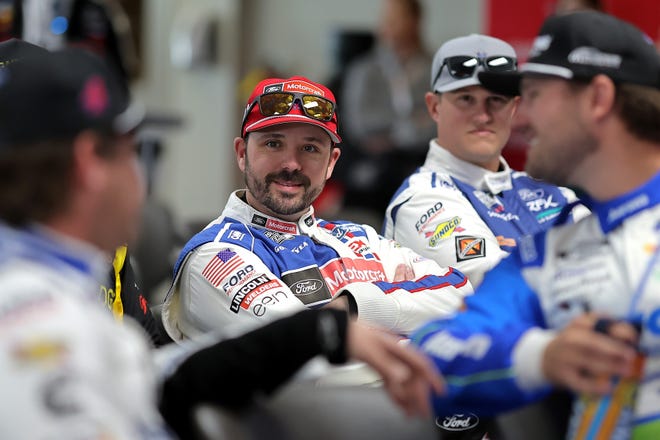 HAMPTON, GEORGIA - FEBRUARY 23: Josh Berry, driver of the #21 Motorcraft/Quick Lane Ford, (C) attends the Drivers Meeting prior to the NASCAR Cup Series Ambetter Health 400 at Atlanta Motor Speedway on February 23, 2025 in Hampton, Georgia. (Photo by Jonathan Bachman/Getty Images)