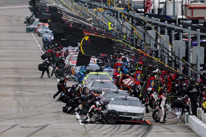 HAMPTON, GEORGIA - FEBRUARY 23: Ryan Blaney, driver of the #12 BodyArmor Zero Sugar Ford, pits during the NASCAR Cup Series Ambetter Health 400 at Atlanta Motor Speedway on February 23, 2025 in Hampton, Georgia. (Photo by Chris Graythen/Getty Images)