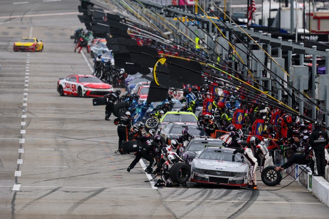 HAMPTON, GEORGIA - FEBRUARY 23: Ryan Blaney, driver of the #12 BodyArmor Zero Sugar Ford, pits during the NASCAR Cup Series Ambetter Health 400 at Atlanta Motor Speedway on February 23, 2025 in Hampton, Georgia. (Photo by Chris Graythen/Getty Images)