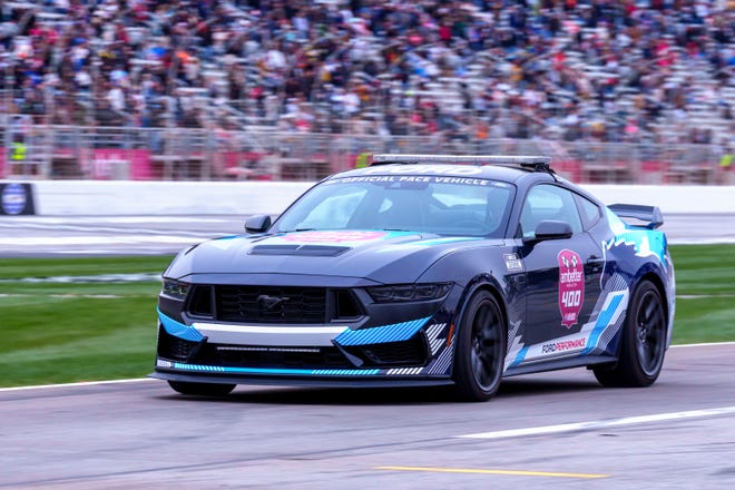 Feb 23, 2025; Hampton, Georgia, USA; The Official Pace Car enters Pit Row at Atlanta Motor Speedway. Mandatory Credit: Jason Allen-Imagn Images
