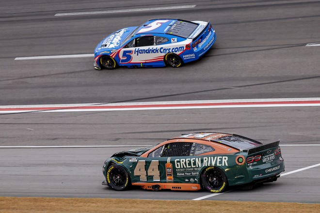 HAMPTON, GEORGIA - FEBRUARY 23: JJ Yeley, driver of the #44 Green River Whiskey Chevrolet, drives after an on-track incident during the NASCAR Cup Series Ambetter Health 400 at Atlanta Motor Speedway on February 23, 2025 in Hampton, Georgia. (Photo by Jonathan Bachman/Getty Images)