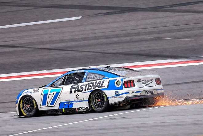 HAMPTON, GEORGIA - FEBRUARY 23: Chris Buescher, driver of the #17 Fastenal Ford, drives after an on-track incident during the NASCAR Cup Series Ambetter Health 400 at Atlanta Motor Speedway on February 23, 2025 in Hampton, Georgia. (Photo by Jonathan Bachman/Getty Images)