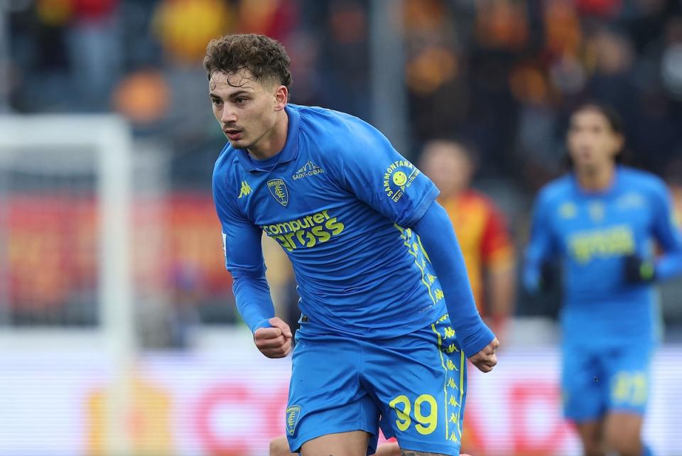 EMPOLI, ITALY - JANUARY 11: Sebastiano Esposito of Empoli FC in action during the Serie A match between Empoli and Lecce at Stadio Carlo Castellani on January 11, 2025 in Empoli, Italy. (Photo by Gabriele Maltinti/Getty Images)