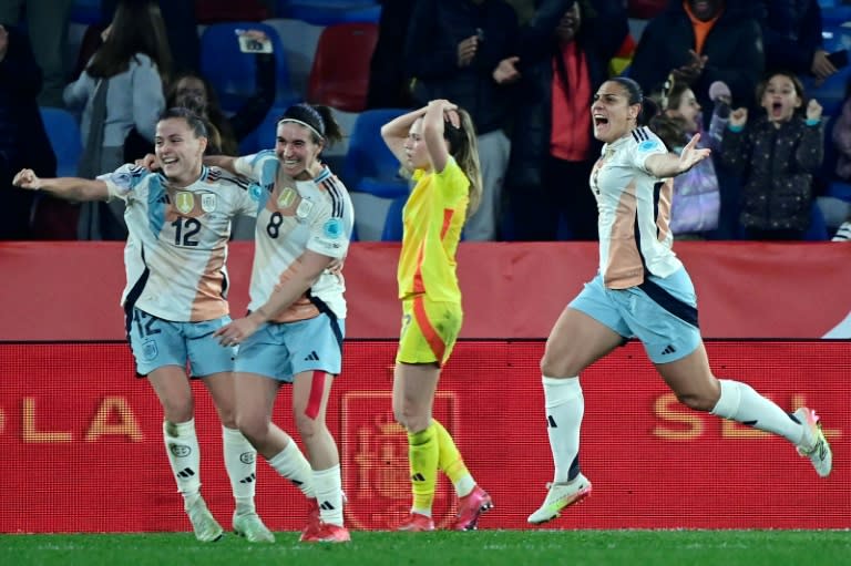 Match winner: Cristina Martin-Prieto celebrates scoring Spain's third goal against Belgium (JOSE JORDAN)