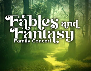 fables and fantasy text in front of green forest background