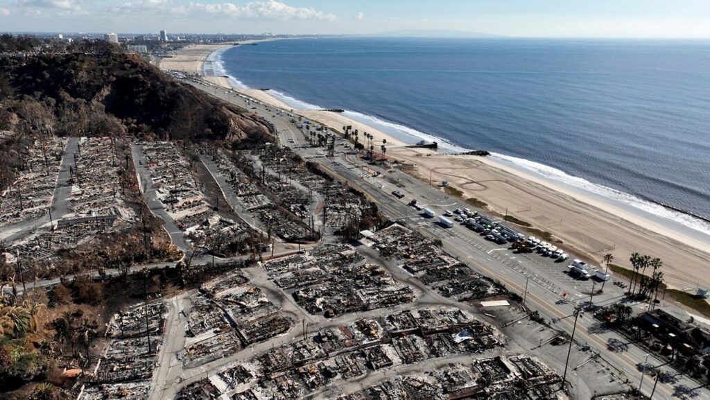 UTA to skip pre-Oscars party, donate to charities An aerial view shows the devastation left by the Palisades Fire in the Pacific Palisades section of Los Angeles, Jan. 27, 2025. (AP Photo/Jae C. Hong)