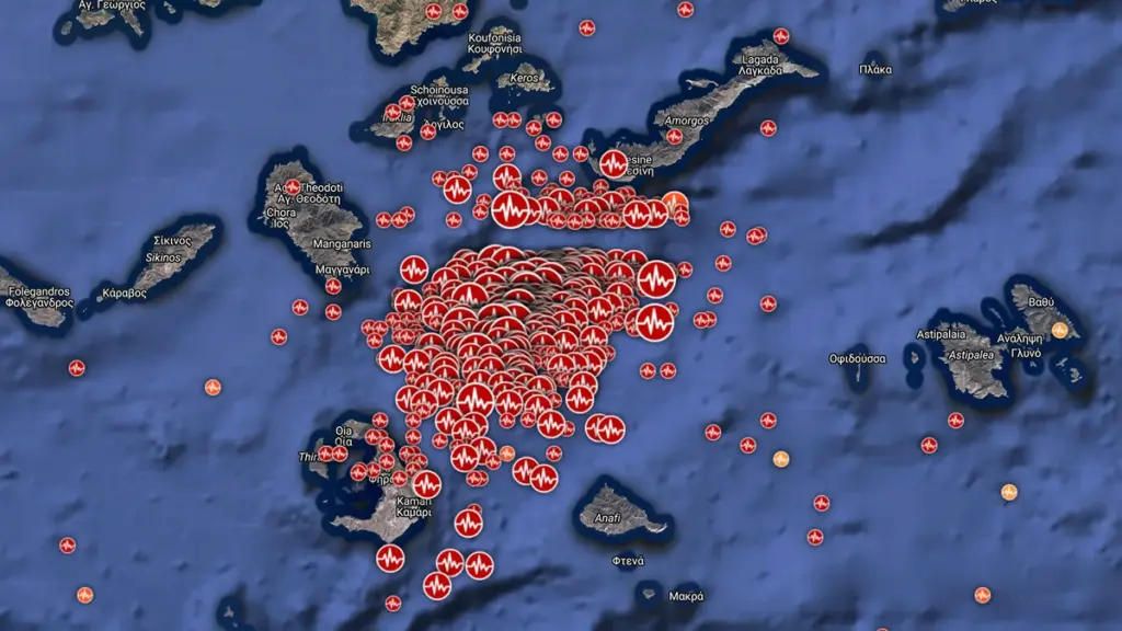 Earthquakes near Santorini, Greece on February 20, 2025, from last 30 days