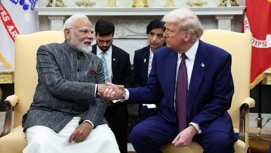 US President Donald Trump and Prime Minister Narendra Modi shake hands, at the White House in Washington, D.C.(REUTERS)