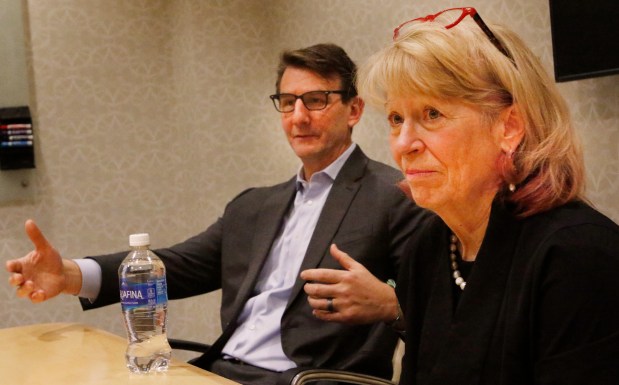 U.S. Rep. Frank Mrvan (left), D-Highland, and U.S. Department of Energy Under Secretary for Science and Innovation Geri Richmond answer questions during a presentation at Purdue University Northwest's Center for Innovation through Visualization and Simulation (CIVS) on Feb. 16, 2024. CIVS received a $7.1 million grant from the U.S. Dept. of Energy for for steel decarbonization research. (John Smierciak/Post-Tribune)