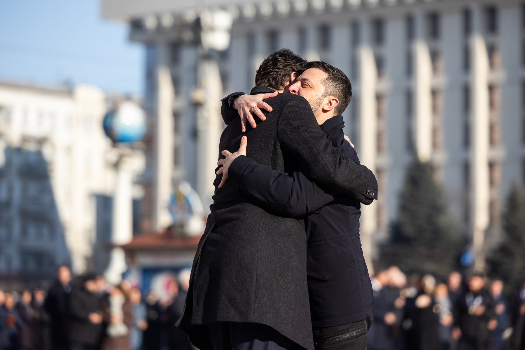 Mr Zelensky greets Mr Trudeau with a hug