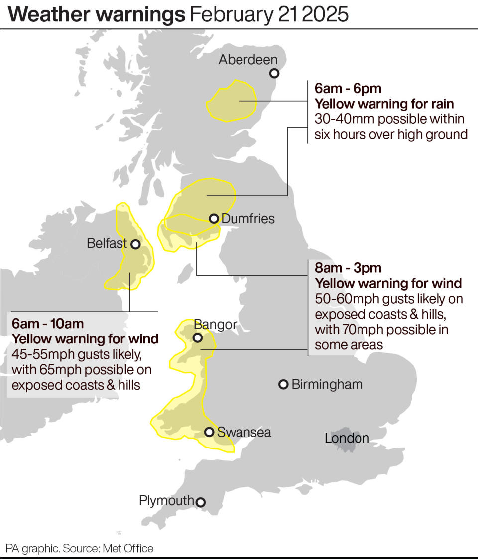 Weather warnings for Friday. (PA)