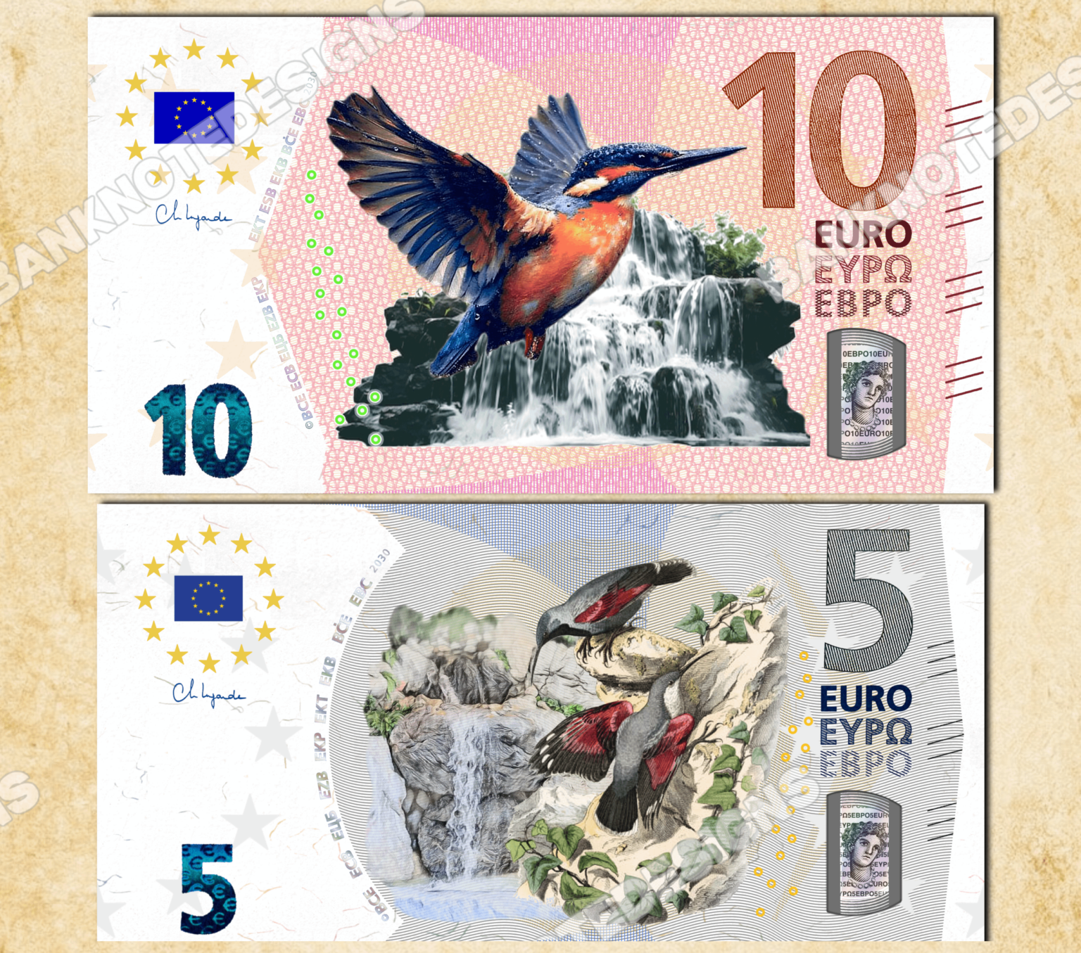 Redesign concept of € 5 and € 10 bills