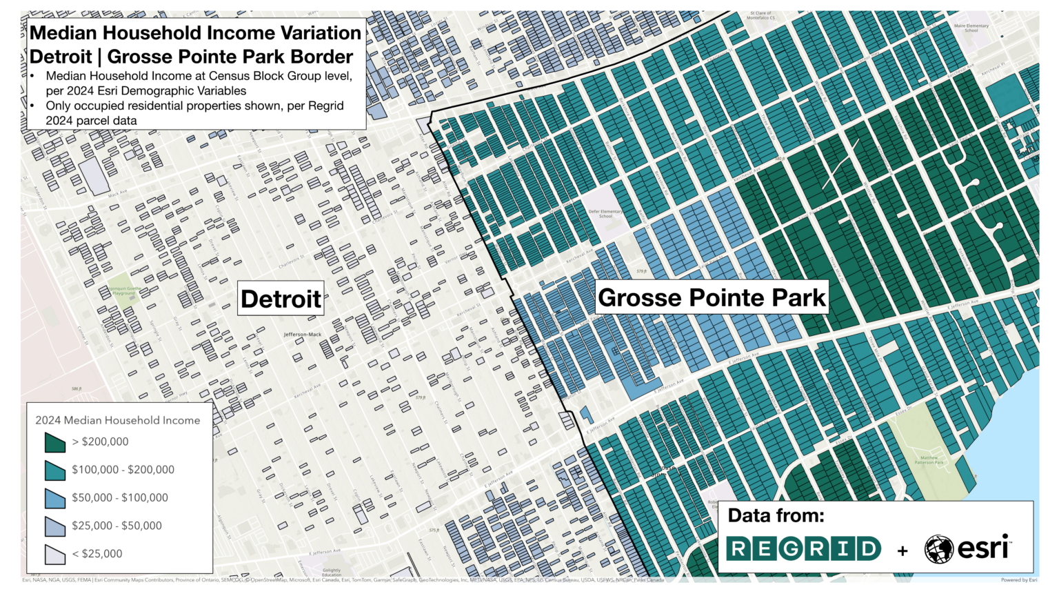 [OC] Median household income variation at the Detroit | Grosse Pointe Park border