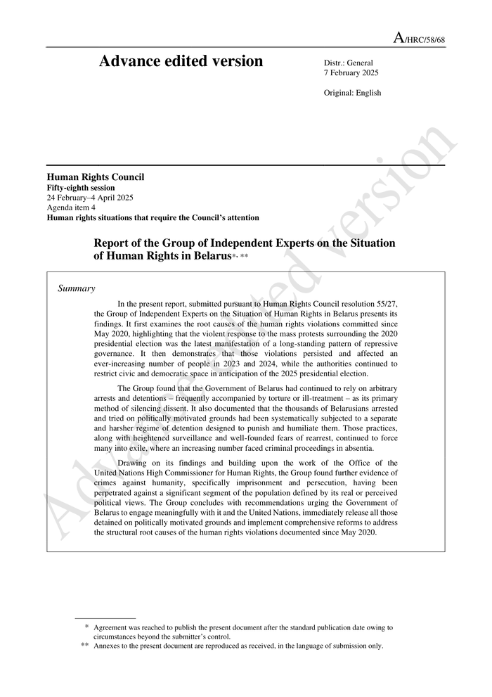 Report of the Group of Independent Experts on the Situation of Human Rights in Belarus (A/HRC/58/68) (Advance edited version) - Belarus