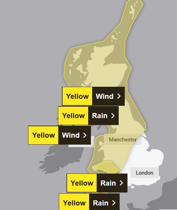 Weather warnings for wind and rain cover much of the country on Sunday. (Met Office)