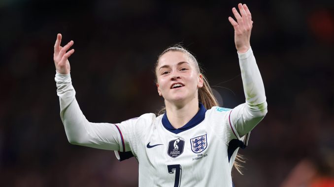 Jessica Park of England celebrates scoring a goal.