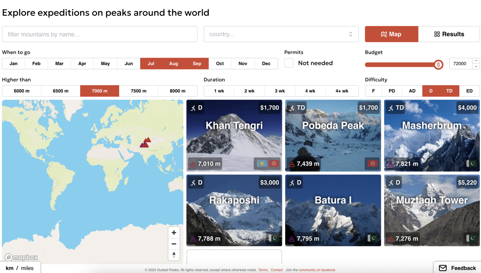 [OC] I combined data (difficulty, weather, permits, location, time to climb, prices, reviews) on 152 BIG mountains to make a UI for finding expeditions as a climber