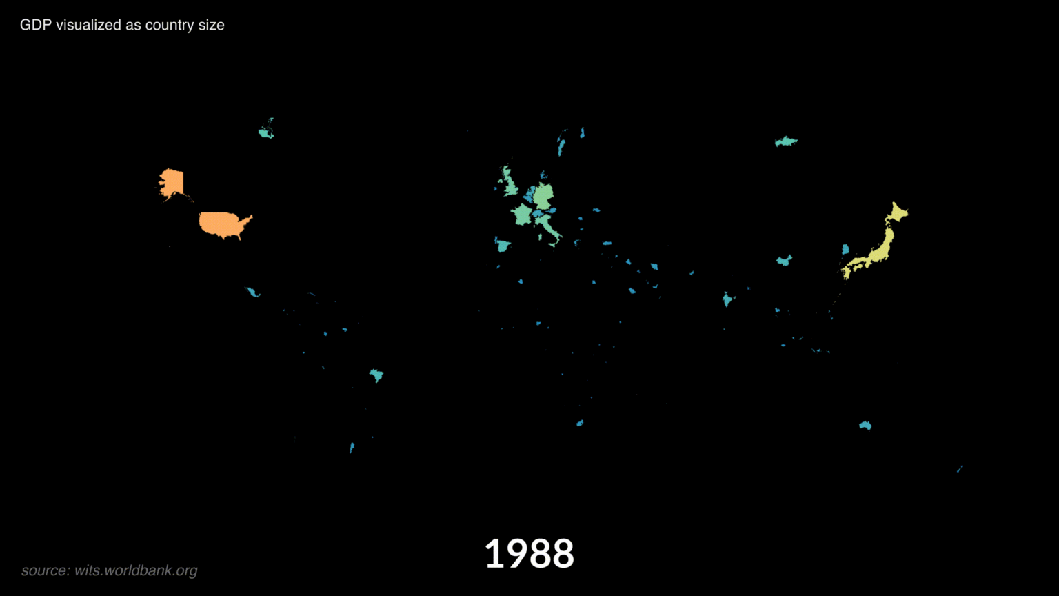 [OC] GDP as country size, 1988-2022