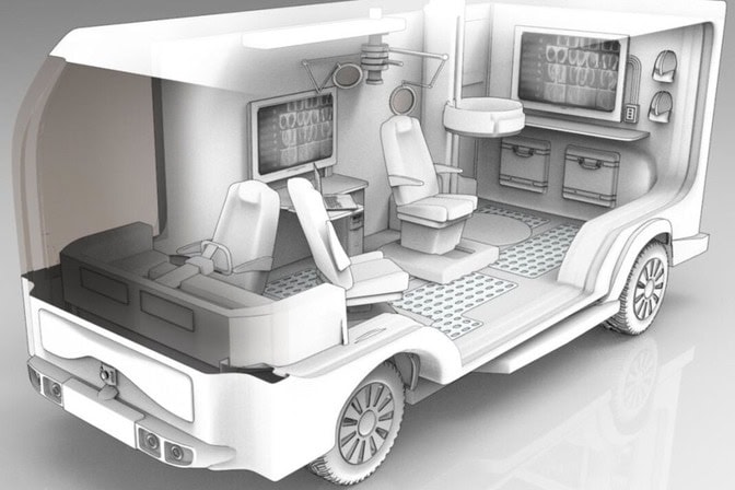 An illustration shows a vehicle roughly the size of a shuttle bus equipped with a chair for examinations and procedures, ceiling lights on adjustable arms, cabinets, screens, a desk, and other furnishings similar to a doctor