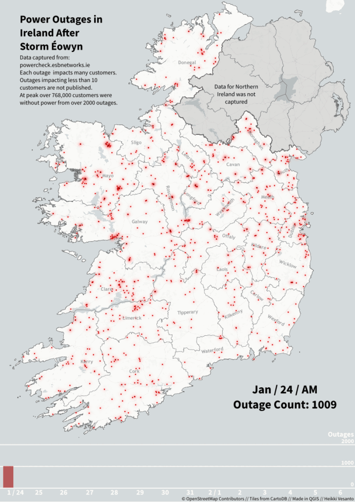 [OC] Storm Éowyn Power Outages in Ireland Over Time