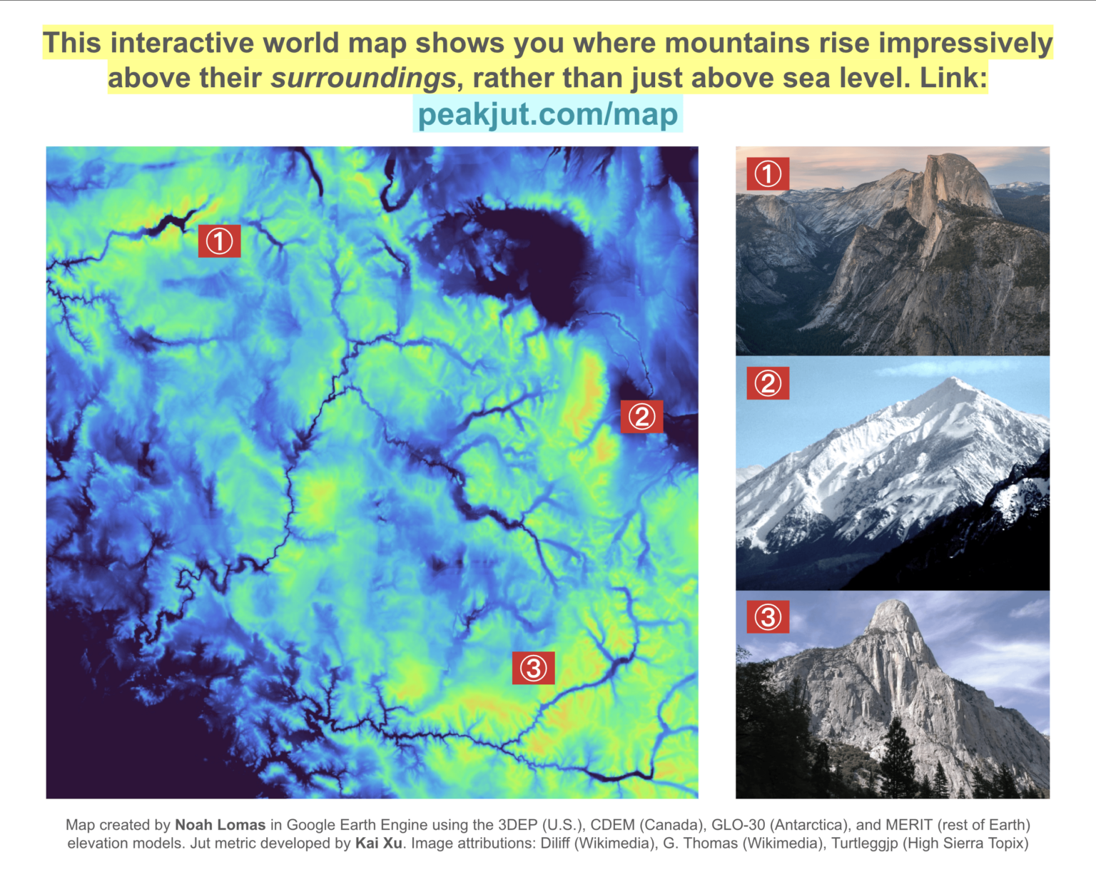 This interactive world map shows you where mountains rise impressively above their surroundings, rather than just above sea level. [OC]