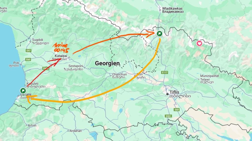 Hey :) Me and my GF are traveling to Georgia (Sept.). We arrive at 00:45 in Kutaissi. How do we get up into the north? Where do I found routes / times of Marshrutkas online? How long do we have to wait for the first bus to bring us out of Kutaissi? Any help is appreciated :)