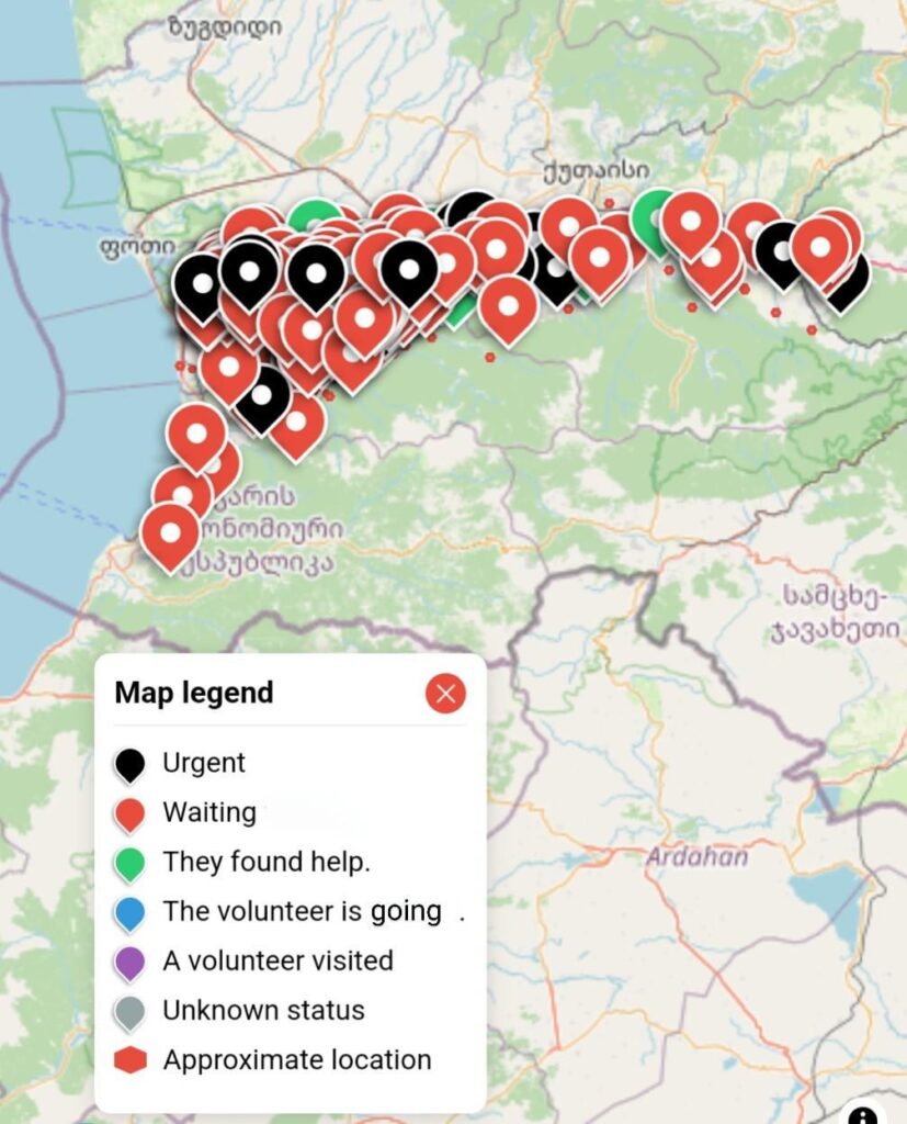 A volunteer-created map highlighting areas where people need assistance due to heavy snowfall