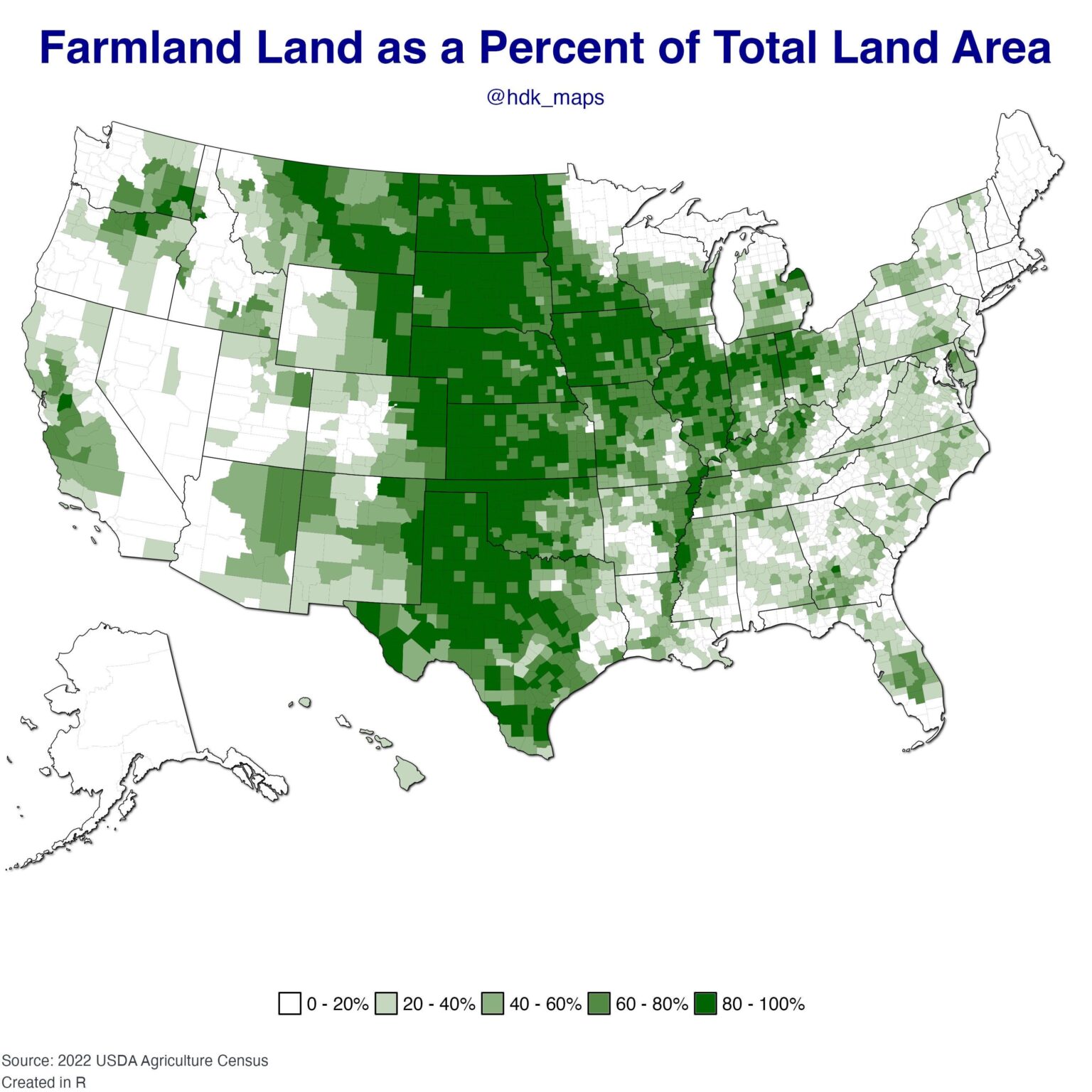 [OC] Map of Farmland in the US