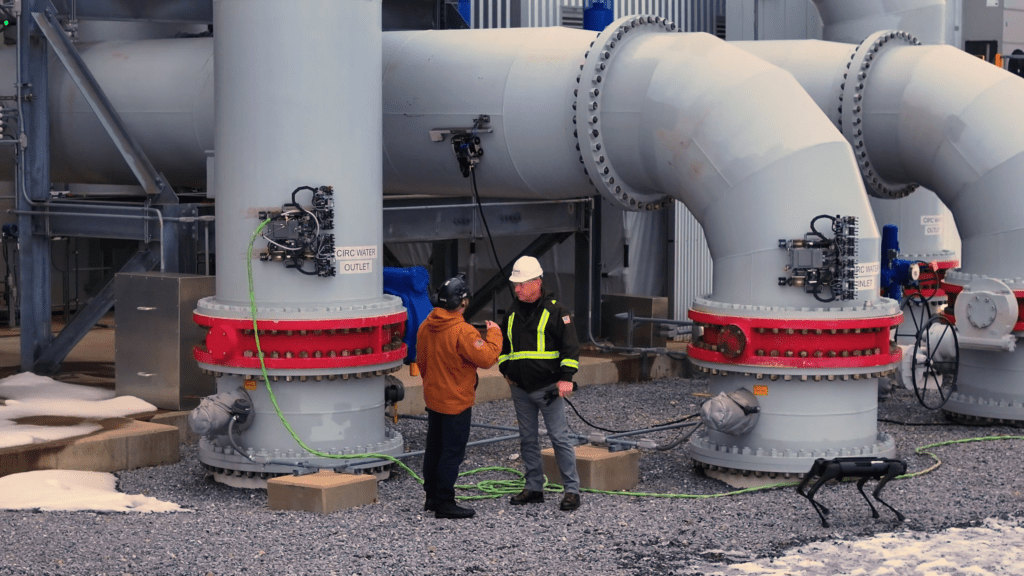 A Gecko Robotics wall-climbing inspection robot in action at a power plant, showcasing the AI-driven technology at the core of NAES and Gecko&rsquo;s new partnership. Courtesy: NAES/Gecko.