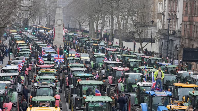 Farmers and their tractors protest in Whitehall 
Pic: PA