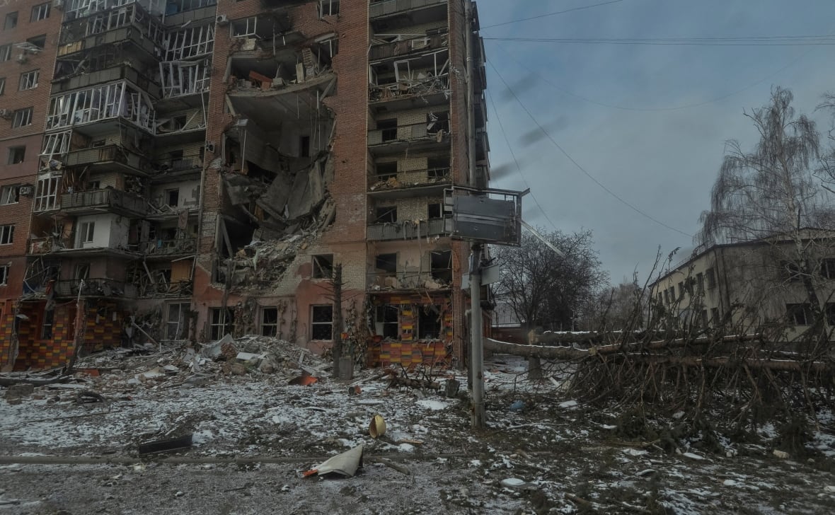 FILE PHOTO: A view shows an apartment building damaged by Russian military strikes, amid Russia's attack on Ukraine, in this picture taken from the window of an armoured vehicle, in Pokrovsk, Donetsk region, Ukraine February 7, 2025. 